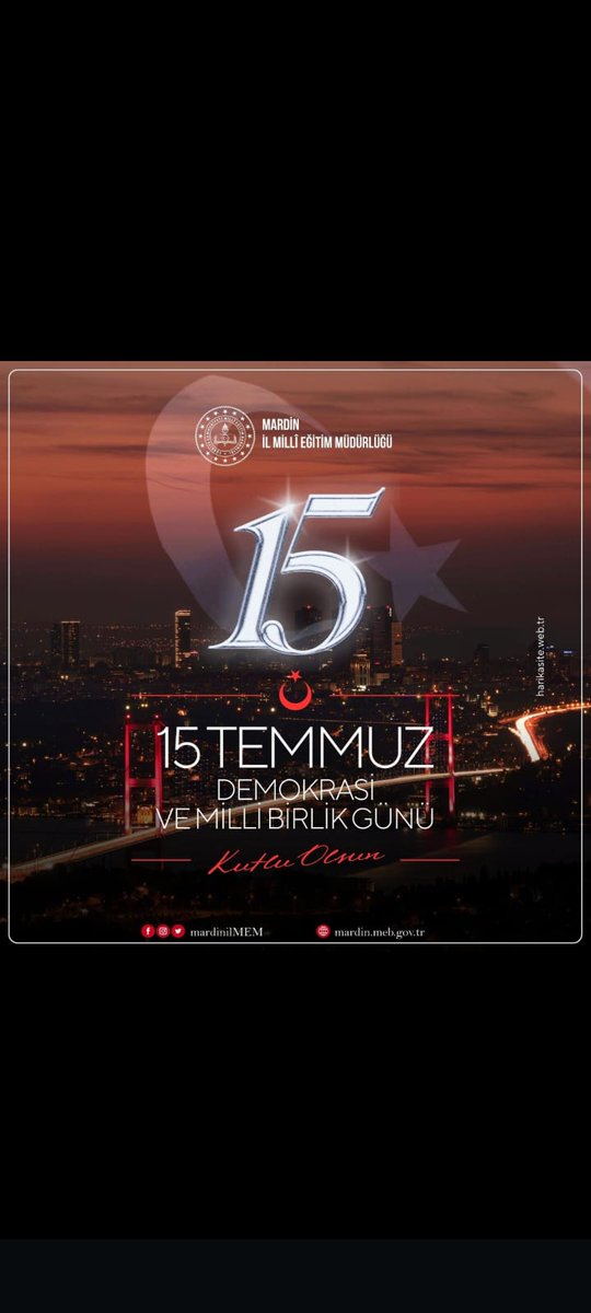 15 Temmuz Demokrasi ve Milli Birlik Günü kutlu olsun.

<a href="/Yusuf__Tekin/">Yusuf Tekin</a> <a href="/akadirgms/">Abdulkadir Gümüş</a> <a href="/kiziltepemem47/">Kızıltepe İlçe Milli Eğitim Müdürlüğü</a> <a href="/mardinilmem/">Mardin İl Millî Eğitim Müdürlüğü</a> <a href="/tcmeb/">Millî Eğitim Bakanlığı</a> <a href="/mebtegm/">Temel Eğitim Genel Müdürlüğü</a> <a href="/KiziltepeKymlk/">T.C. Kızıltepe Kaymakamlığı</a>