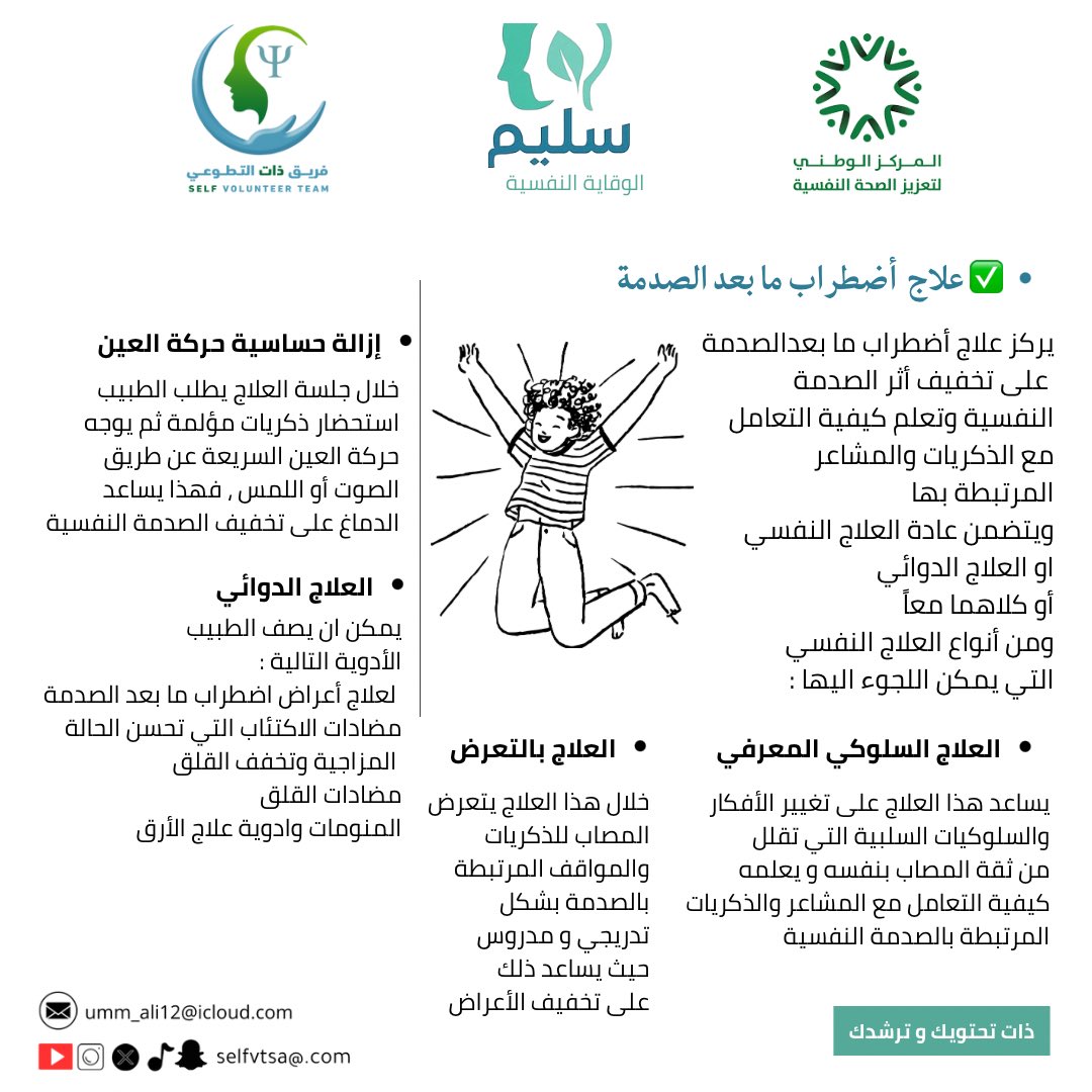 ضمن أعمال مبادرة سليم – الوقاية النفسية
🎯 نُقدّم لكم إصدارًا حول اضطراب
 ما بعد الصدمة:
كيفية دعم المصاب نفسياً ، طرق علاجه .
💻 من تنفيذ وحدة البرامج النفسية 
عن بُعد
إعداد:
د. سهى قوته
أ. ندى القصيبي
أ. مشاعل السهيمي
أ. شموخ الحدري
#ذات_التطوعي | #سليم_الوقاية |