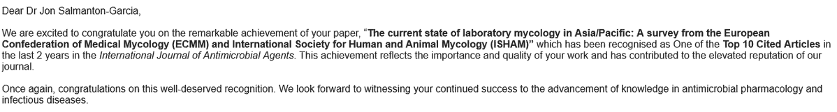 Jon Salmanton-García 🔎🍄🩸💉🦠 (@salmantongarcia) on Twitter photo Wow! 🎉 Our <a href="/eurconfmedmycol/">ECMM</a> and <a href="/ISHAM_Mycology/">ISHAM</a> paper on lab mycology in Asia-Pacific just made it to the Top 10 most cited in <a href="/IJAA_ISAC/">International Journal of Antimicrobial Agents</a> over the past 2 years! 🌏🧫
Huge thanks to co-authors and supporters—honoured to see our work make an impact! 🙌
sciencedirect.com/science/articl… Wow! 🎉 Our <a href="/eurconfmedmycol/">ECMM</a> and <a href="/ISHAM_Mycology/">ISHAM</a> paper on lab mycology in Asia-Pacific just made it to the Top 10 most cited in <a href="/IJAA_ISAC/">International Journal of Antimicrobial Agents</a> over the past 2 years! 🌏🧫
Huge thanks to co-authors and supporters—honoured to see our work make an impact! 🙌
sciencedirect.com/science/articl…