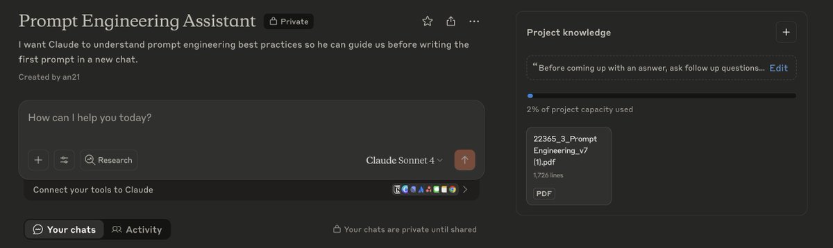 antoni_web3's tweet image. 1. Create a custom Claude. 
2. Upload Google research paper on prompt engineering to project knowledge.
3. Ask Claude to help you write prompts for complex and repetitive tasks. 

Recommend everyone to try. It made my prompts 10x better.