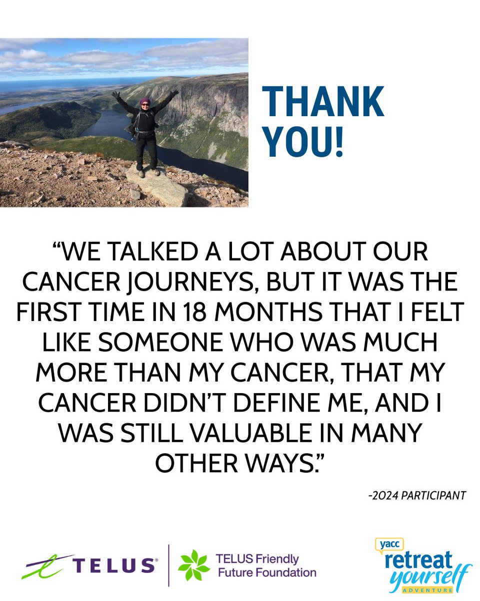 yacancercanada's tweet image. We are sending a gigantic thank you to @TELUS and @FriendlyFuture for helping 20 people attend Retreat Yourself Adventure this year! 

#FriendlyFuture #GiveWhereWeLive #Philanthropy #youngadultcancer #yacancer