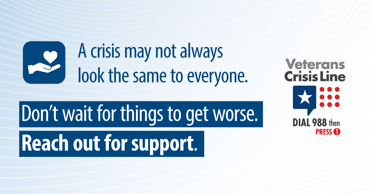 VAHouston's tweet image. The Veterans Crisis Line is here for you 24/7.
Dial 988 then Press 1, chat at VeteransCrisisLine.net/Chat, or text 838255 for immediate support.