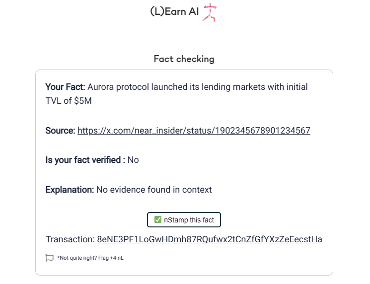 eagle_pham's tweet photo. Making AI Transparent and Verifiable - superpower of NEAR protocol! I just nStamped this Fact Check agent respond at @LearnNEAR https://t.co/cSjnbt7B1f