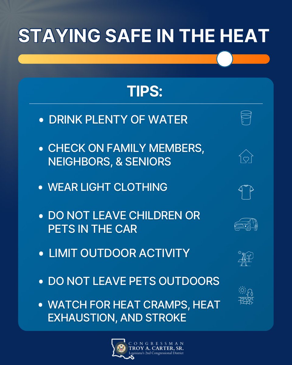 Congressman Troy A. Carter (@reptroycarter) on Twitter photo #LA02 — Parts of Louisiana, including <a href="/CityOfNOLA/">The City Of New Orleans</a> and #BatonRouge, are facing extreme heat with temperatures feeling like 110 degrees. As these conditions persist, please stay safe and check in on children, seniors, and pets. Do not leave pets out in extreme weather. Here are #LA02 — Parts of Louisiana, including <a href="/CityOfNOLA/">The City Of New Orleans</a> and #BatonRouge, are facing extreme heat with temperatures feeling like 110 degrees. As these conditions persist, please stay safe and check in on children, seniors, and pets. Do not leave pets out in extreme weather. Here are