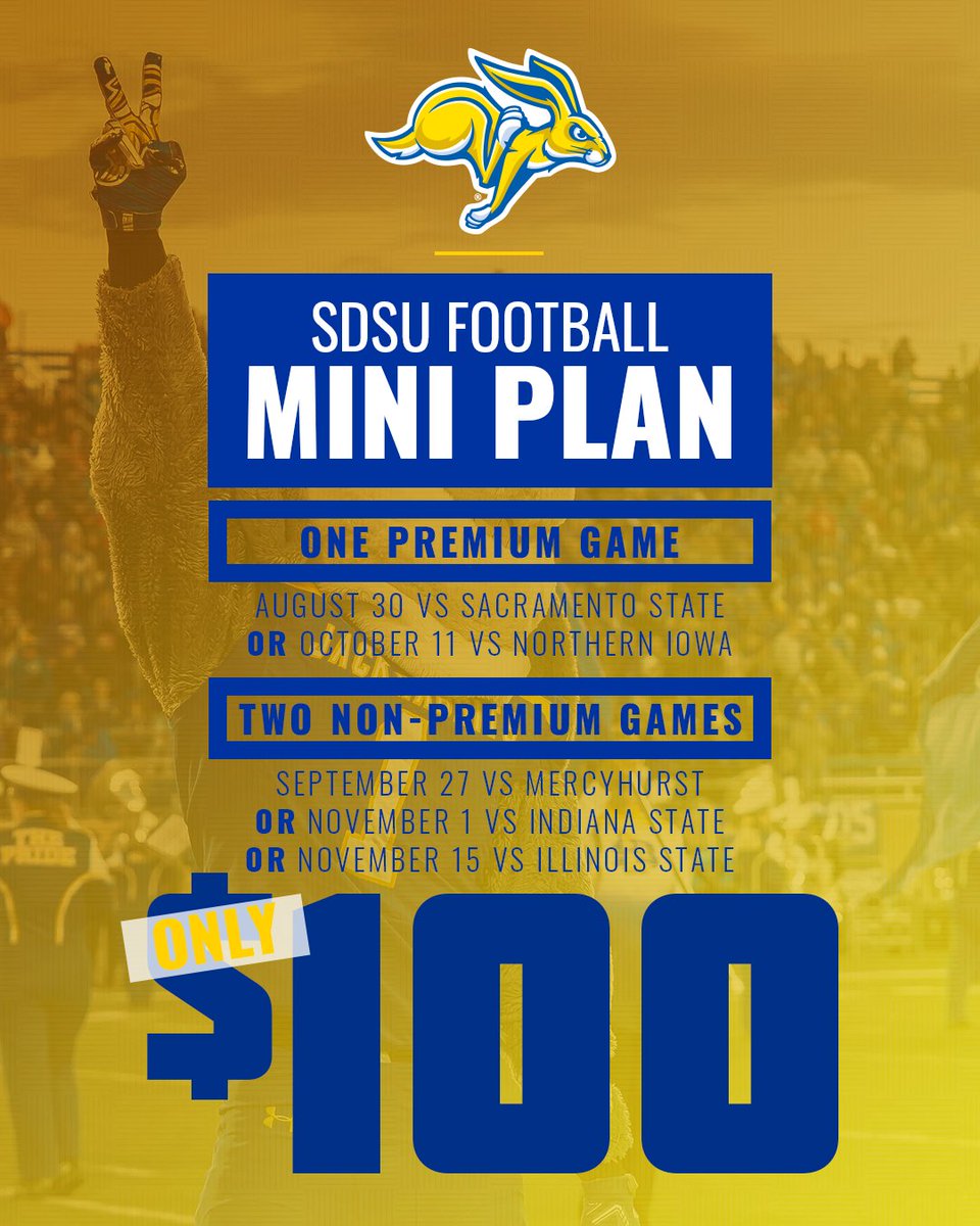 GoJacksSDSU's tweet image. Three-game mini plans are on sale now for the 2025 @GoJacksFB season for only $100! 👏
🔗 » bit.ly/4eQoBCh
#GoJacks 🐰