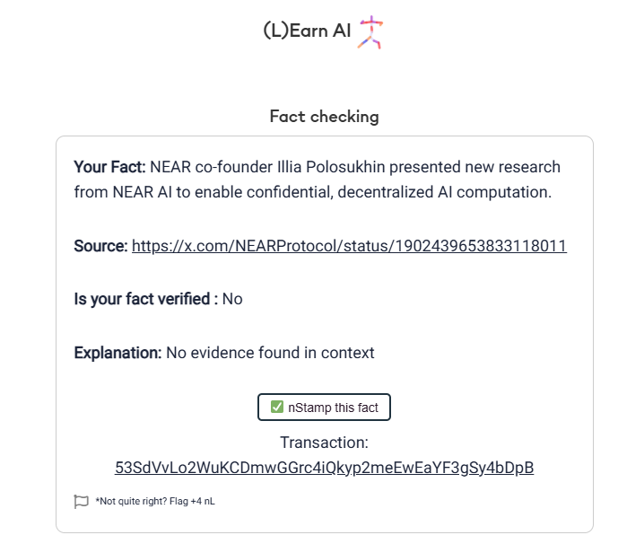 duara836's tweet photo. Making AI Transparent and Verifiable - superpower of NEAR protocol! I just nStamped this Fact Check agent respond at @LearnNEAR https://t.co/4TAWdkVNnq