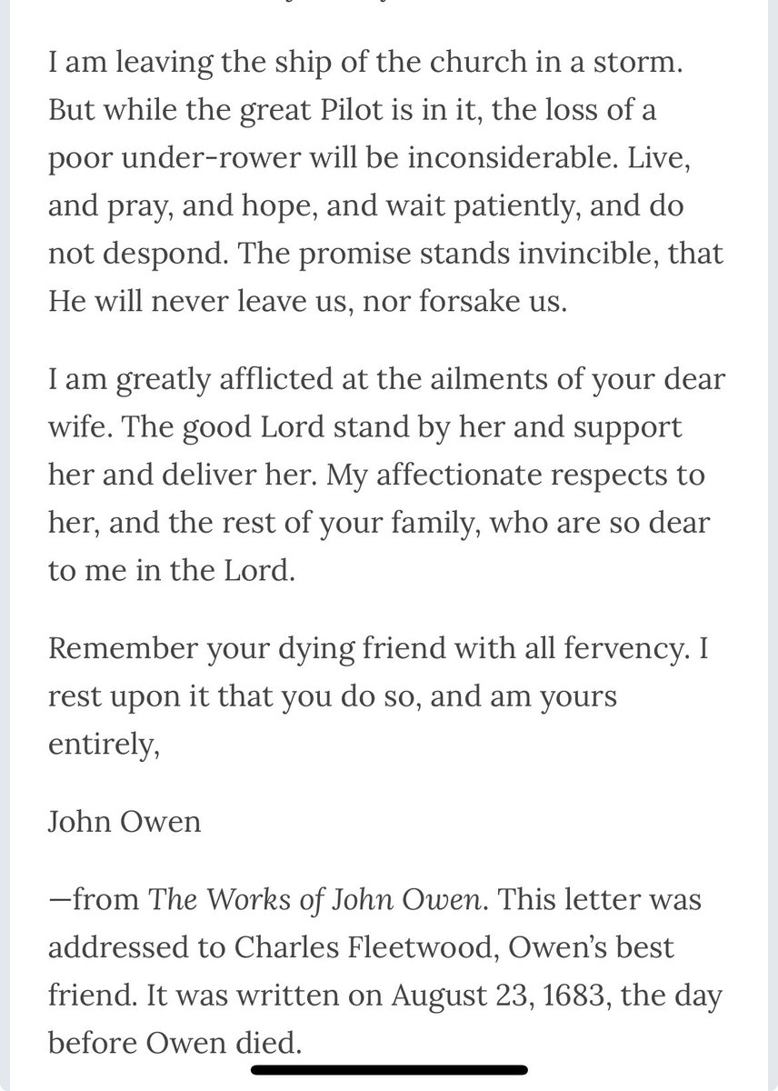 Zhop59's tweet image. Good day to remember John Owen who wrote on his impending death: “…the loss of a poor under-rower will be inconsiderable.” I am grateful for the faithful under-rowing of @johnmacarthur. The ministry of #JohnMacArthur and @gracetoyou were instrumental early in my Christian life.