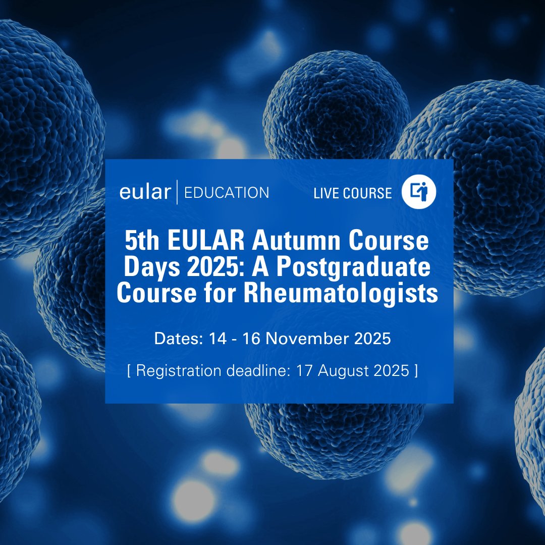 eular_org's tweet image. Join the 5th EULAR Autumn Course Days 2025: A Postgraduate Course for Rheumatologists, and connect with peers across Europe.
📅14-16 November 2025
📍Berlin, Germany.
🔔Registration deadline: 17 August 2025
Register here: pulse.ly/xuv7zyqw1k