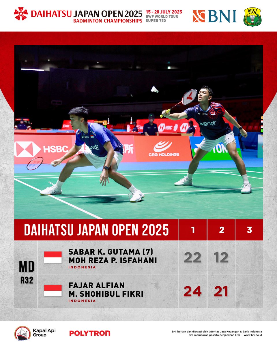 BADMINTON INDONESIA (@inabadminton) on Twitter photo Fajar/Fikri tandai debut dengan kemenangan. Lanjutkan!
Untuk Sabar/Reza, tetap semangat!
#BadmintonIndonesia #JapanOpen2025 Fajar/Fikri tandai debut dengan kemenangan. Lanjutkan!
Untuk Sabar/Reza, tetap semangat!
#BadmintonIndonesia #JapanOpen2025