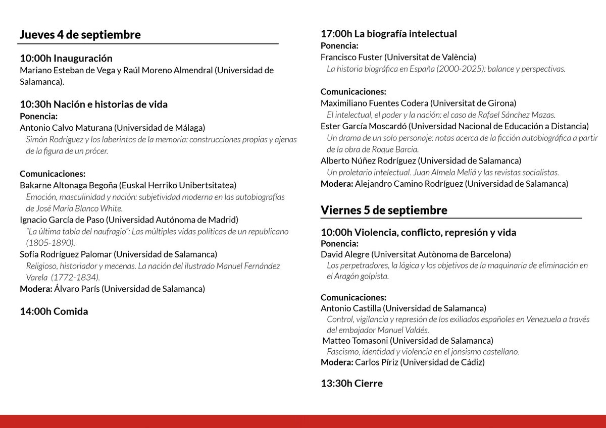 Historia Social (@historia_social) on Twitter photo "Historias de vida. Nacionalismo y violencia en los siglos XIX y XX"
4 y 5 septiembre en <a href="/GeoHistoUsal/">Facultad de Geografía e Historia USAL</a> <a href="/usal/">Universidad de Salamanca</a>
Con <a href="/david_alore/">David Alegre Lorenz</a> <a href="/LaDesficiosa/">Ester García</a> <a href="/mfuentescodera/">Maxi Fuentes Codera</a> Calvo Maturana, Francisco Fuster, <a href="/phdmatteo/">Matteo Tomasoni</a>
y más 🔥
Organizan <a href="/Sofiarodpal/">Sofía Rodríguez</a>, Antonio Castilla y Alberto Núñez <a href="/DptoHa/">Dpto. Hª Medieval, Moderna y Contemporánea. USAL</a> "Historias de vida. Nacionalismo y violencia en los siglos XIX y XX"
4 y 5 septiembre en <a href="/GeoHistoUsal/">Facultad de Geografía e Historia USAL</a> <a href="/usal/">Universidad de Salamanca</a>
Con <a href="/david_alore/">David Alegre Lorenz</a> <a href="/LaDesficiosa/">Ester García</a> <a href="/mfuentescodera/">Maxi Fuentes Codera</a> Calvo Maturana, Francisco Fuster, <a href="/phdmatteo/">Matteo Tomasoni</a>
y más 🔥
Organizan <a href="/Sofiarodpal/">Sofía Rodríguez</a>, Antonio Castilla y Alberto Núñez <a href="/DptoHa/">Dpto. Hª Medieval, Moderna y Contemporánea. USAL</a>