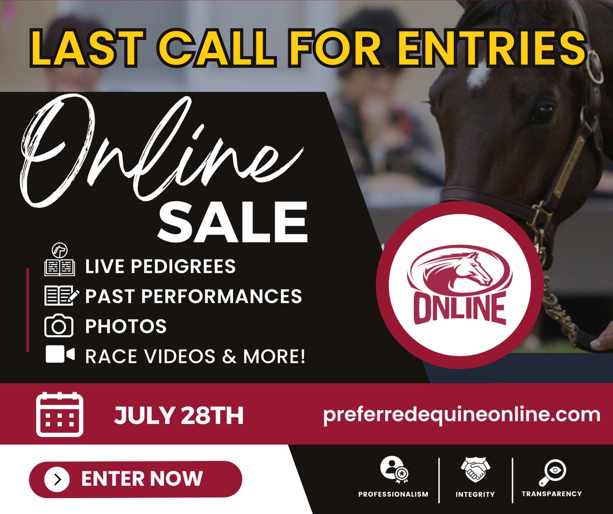 📣LAST CALL for Entries!
✅Let our sales network and connections work for you to get the most for your stock!
🌐 Enter now for our July 28th online sale!
👉 preferredequineonline.com/sell