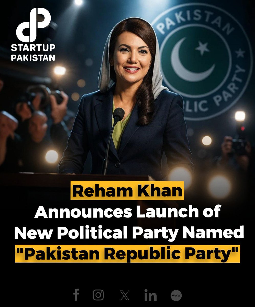 PakStartup's tweet image. A new chapter in Pakistani politics began in Karachi as Reham Khan — journalist and former wife of PTI founder Imran Khan — officially launched her own political party, the Pakistan Republic Party.

#RehamKhan #PakistanRepublicParty #KarachiPolitics