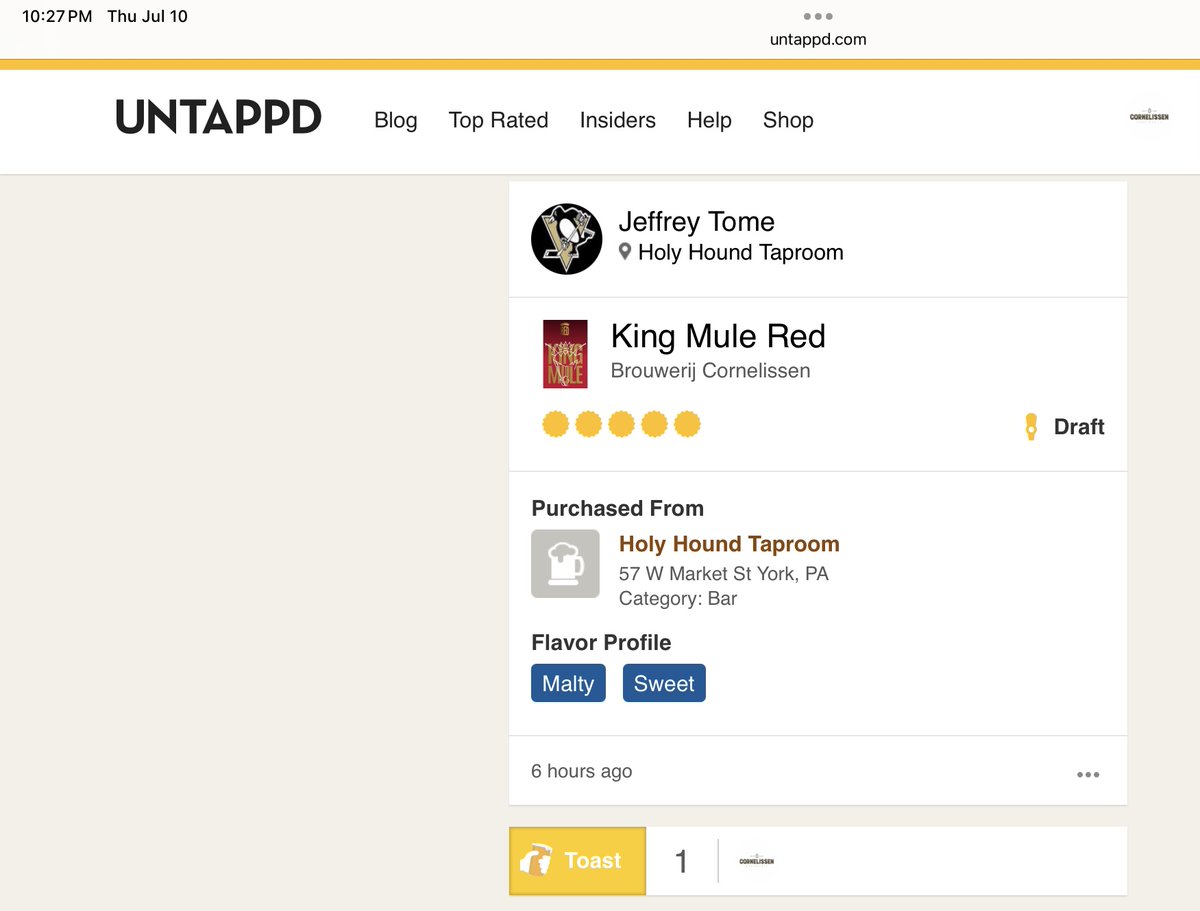 Thanks Jeffrey for the ***** review, and to the new owners of the <a href="/holyhoundtaps/">Holy Hound Taproom</a> for bringing King Mule back to the beer menu in York!

King Mule will kick your glass!
#authenticbeer #Belgianbeer #YorkPA