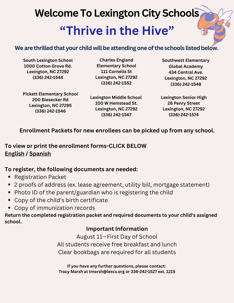 🎉 Welcome to Lexington City Schools! 🎉

Enrollment packets available at all schools.
First day: Aug 11 📅
Free breakfast &amp; lunch 🍎
Clear bookbags required 🎒

Get ready to Thrive in the Hive 🐝

#ThriveInTheHive #BackToSchool2025 #EnrollmentOpen