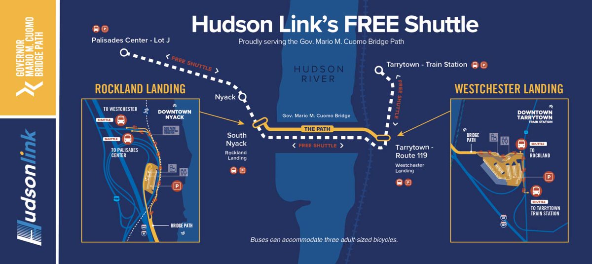 GMMCB's tweet image. Looking to visit the shared use path this weekend?
Take the FREE path shuttle. Hudson Link buses run every 20 minutes from 9:30 am to 9:30 pm providing easy access to both sides of the bridge and now with two stops in downtown Nyack.
Learn more ▶️ bit.ly/3qh6aBv