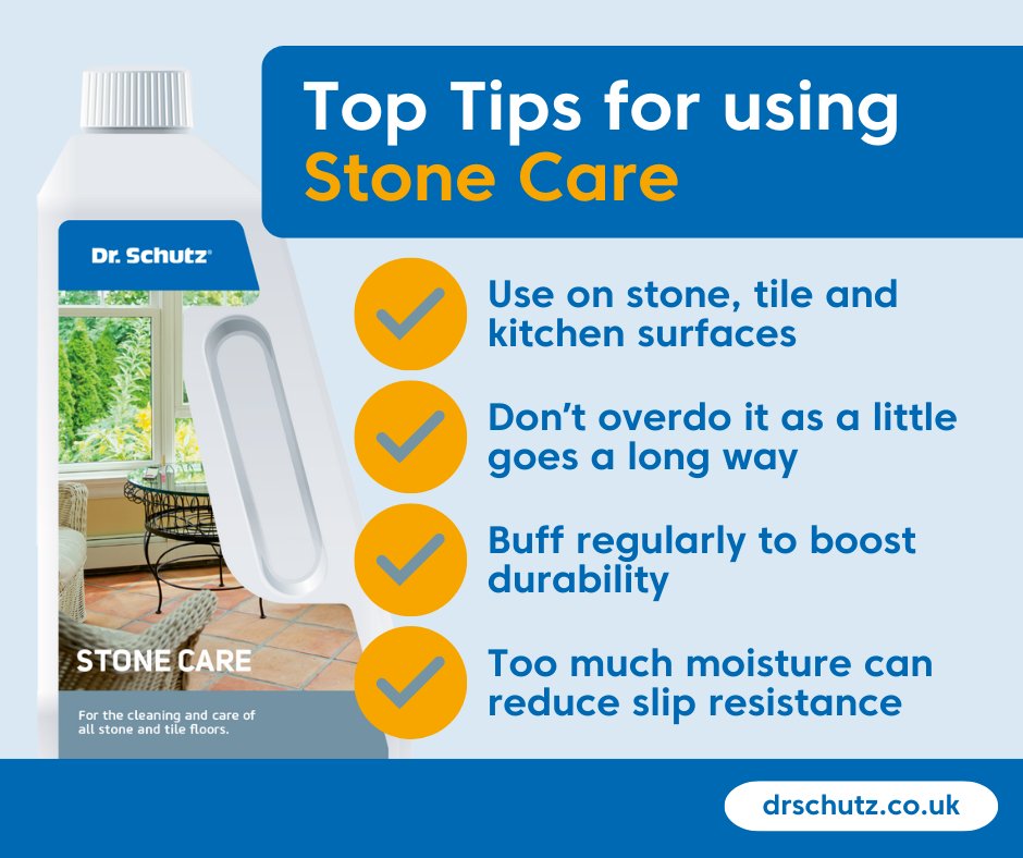 Say goodbye to grime with Dr. Schutz Stone Care!

Here’s how to get the best from it:

✅ Use on stone, tile &amp; kitchen surfaces
✅ Don’t overdo it
✅ Buff regularly
✅ Watch the water

Grab yours now: drschutz.co.uk/retail/stone-c… 

 #DrSchutzUK