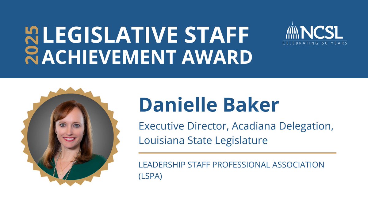 As executive director of the Acadiana Delegation, Danielle Baker consistently demonstrates exceptional dedication to serving the Louisiana State Legislature.

Congratulations on receiving the Leadership Staff Professional Association #LegislativeStaff Achievement Award, Danielle!