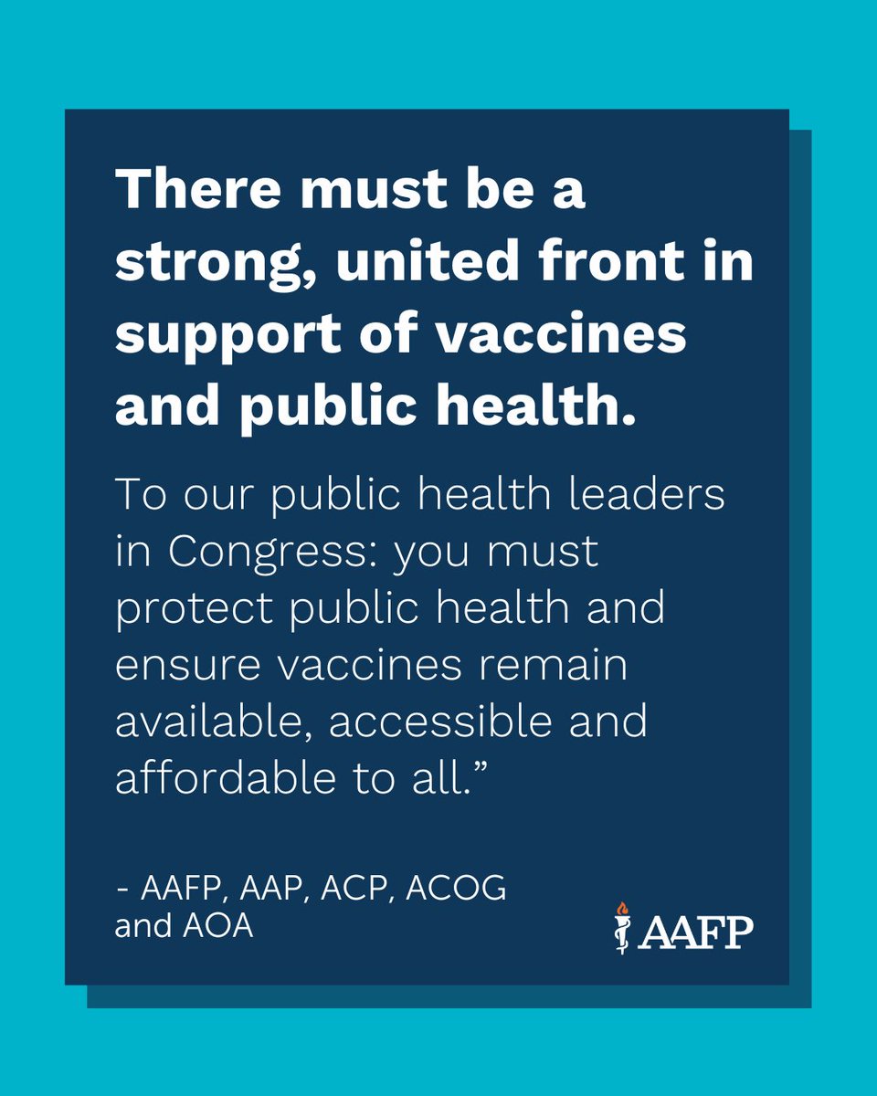 AAFP_advocacy's tweet image. The @aafp, @AmerAcadPeds, @ACPIMPhysicians @acog and @AOAforDOs reflect a strong medical consensus that vaccines are safe, effective and save lives. Congress must protect public health and ensure vaccines remain available, accessible and affordable to all. bit.ly/46FXCHC