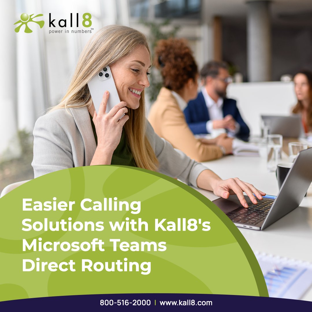 kall8com's tweet image. With Kall8 Teams Direct Routing, make business calls directly through Teams. Stop switching platforms when you can add Teams Direct Routing to your Kall8 number - call us at 800-516-2000 to get started or visit hubs.la/Q03wB0R_0
#Kall8 #TeamsDirectRouting #BusinessStrategy