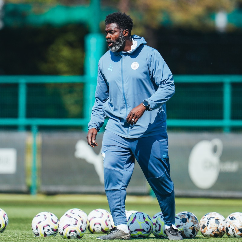 ManCity's tweet photo. We're delighted to confirm the permanent appointment of Kolo Toure to Pep Guardiola’s backroom staff 🩵