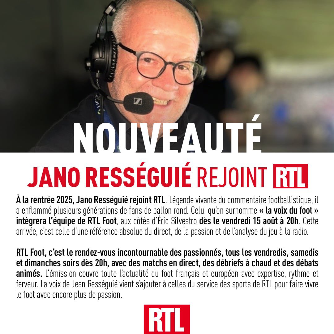 RTL France (@rtlfrance) on Twitter photo 🚨 Nouveauté : <a href="/Jano_Resseguie/">Jano Resseguié 🔈</a> rejoint #RTL ! Rendez-vous dans #RTLFoot aux cotés d’Éric Silvestro dès le vendredi 15 août à 20H 📻 🚨 Nouveauté : <a href="/Jano_Resseguie/">Jano Resseguié 🔈</a> rejoint #RTL ! Rendez-vous dans #RTLFoot aux cotés d’Éric Silvestro dès le vendredi 15 août à 20H 📻