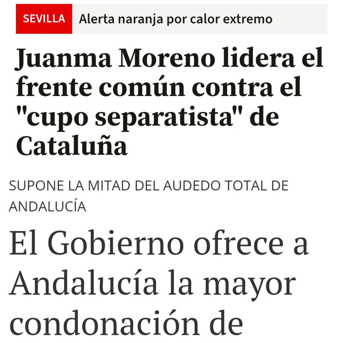 2 noticias que explican las tonterías de Juanma Moreno.
👉🏼Se negó a aceptar la condonación de la deuda a Andalucía; dinero necesario.
👉🏼Ahora se pone de adalid contra el cupo catalán.
A él le da igual Andalucía; el propósito es CREAR ODIO y seguir la estela de Ayuso y de VOX