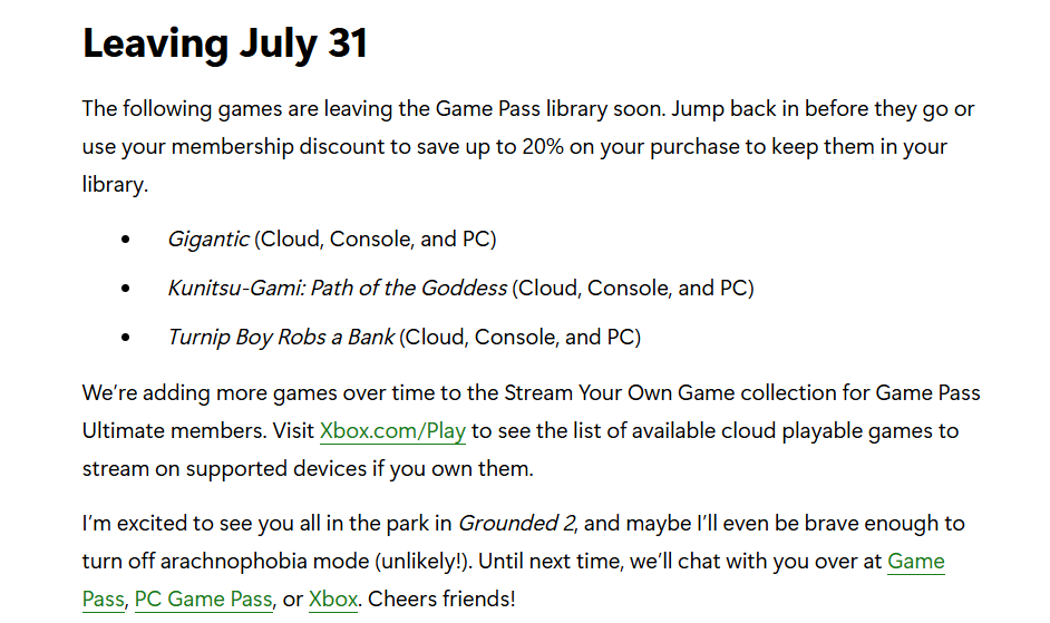 Coming soon to Game Pass news.xbox.com/en-us/2025/07/…

Standard:
-High on Life (today)
-RoboCop: Rogue City (7/17)
-Farming Simulator 25 (8/1)

Ultimate:
-My Friendly Neighborhood (7/17)
-Back to the Dawn (7/18)
-Abiotic Factor (7/22)
-Wheel World (7/23)
-Wuchang: Fallen Feathers