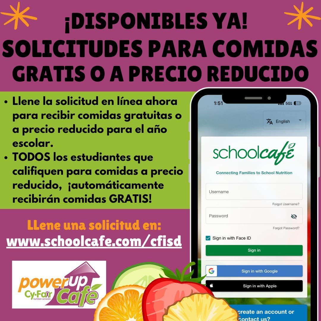 CFISD en Español (@cfisdnoticias) on Twitter photo .<a href="/CyFairISD/">Cypress-Fairbanks ISD</a> ¡Ya están disponibles las solicitudes para comidas gratis o a precio reducido! Pueden encontrar la solicitud en: schoolcafe.com/cfisd o descargar la aplicación SchoolCafe. También pueden encontrar más información en la página web de <a href="/PowerUpCafe/">Cy-Fair Nutrition</a>: .<a href="/CyFairISD/">Cypress-Fairbanks ISD</a> ¡Ya están disponibles las solicitudes para comidas gratis o a precio reducido! Pueden encontrar la solicitud en: schoolcafe.com/cfisd o descargar la aplicación SchoolCafe. También pueden encontrar más información en la página web de <a href="/PowerUpCafe/">Cy-Fair Nutrition</a>: