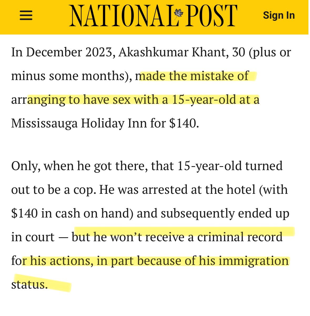 This sicko tried to buy sex from what he thought was a 15-year-old. 
He was then given a conditional discharge to help him stay in Canada? 
Canada is broken.