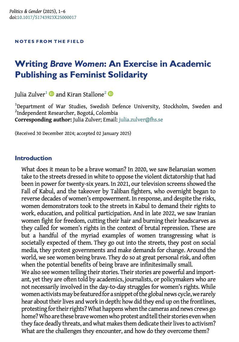 PoliticsGenderJ's tweet image. 📢New #PAG21 Notes from the Field 📝
In their Notes from the Field "Writing Brave Women," Julia Zulver & @kiranstallone reflect on the process of writing their upcoming book written about and with feminist activists from around the world.
#OpenAccess
buff.ly/NNlXxaC