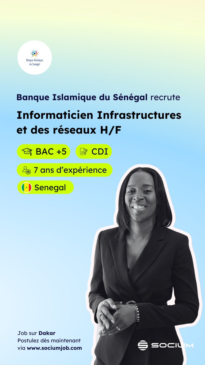 📢 La Banque Islamique du Sénégal recrute !

📌Directeur Général 
📌Chargé des Opérations Locales  
📌Informaticien Infrastructures &amp; Réseaux 
📌Chef de Cellule Financement 
📌Juriste conseil

👉 sociumjob.com/entreprises/ba…
#emploidakar #Senegal