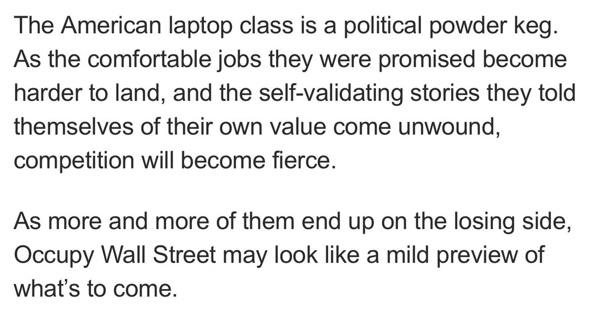 deanwball's tweet image. Very proud to call @abigailrsal, the author of this fantastic essay (a two page print spread!), my wife.
“The American laptop class is a political powder keg.”