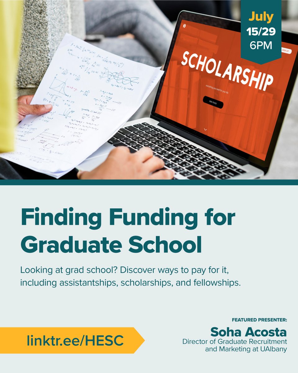 NYSStudentAid's tweet image. Tonight!
Finding Funding for Grad School
Virtual • 6PM • linktr.ee/HESC
#GradSchool #HESC