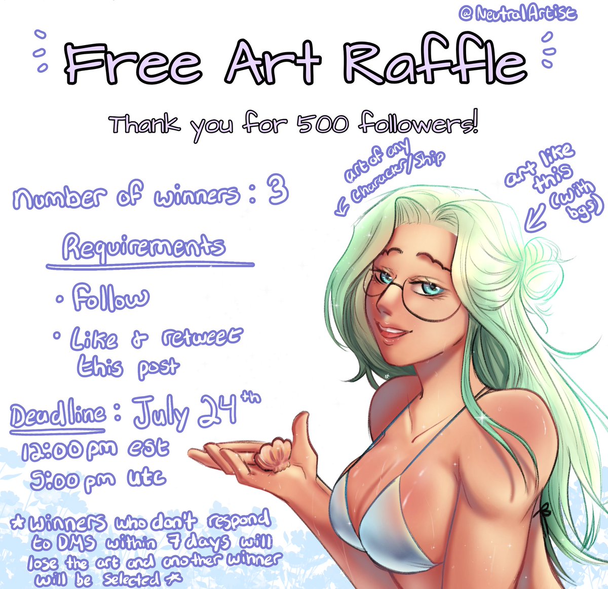 NeutralArtist's tweet image. THANK YOU FOR 500 FOLLOWERS YALL
As you know, because of that we will be doing a free art raffle 🫶🫶
3 winners total!
All you need to do to enter is:
☆ Be a follower
☆ Retweet/repost
☆ Like
The art you win will be fully rendered with a background!
Good luck, love yall 💜