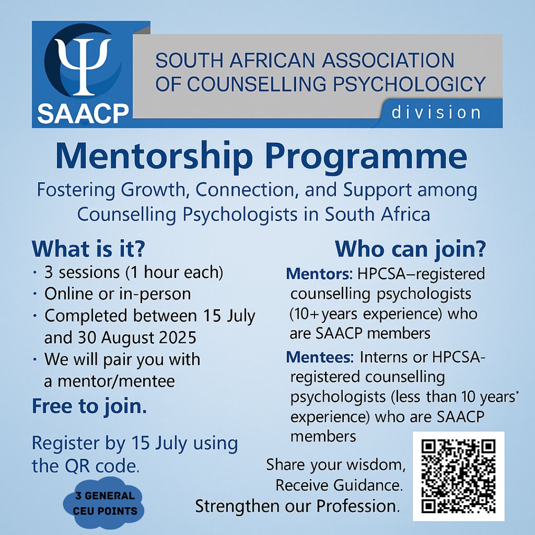 PsySSA_'s tweet image. 🚨 Last day to register! 🚨
Counselling psychologists – don’t miss your chance to be part of the SAACP Mentorship Programme.
🤝 Become a mentor
🌟 Find a mentor
Let’s uplift each other + grow together.
🔗 psyssa.com/saacp-mentorsh…
⏳ Deadline: 15 July 2025
#CounsellingPsychology