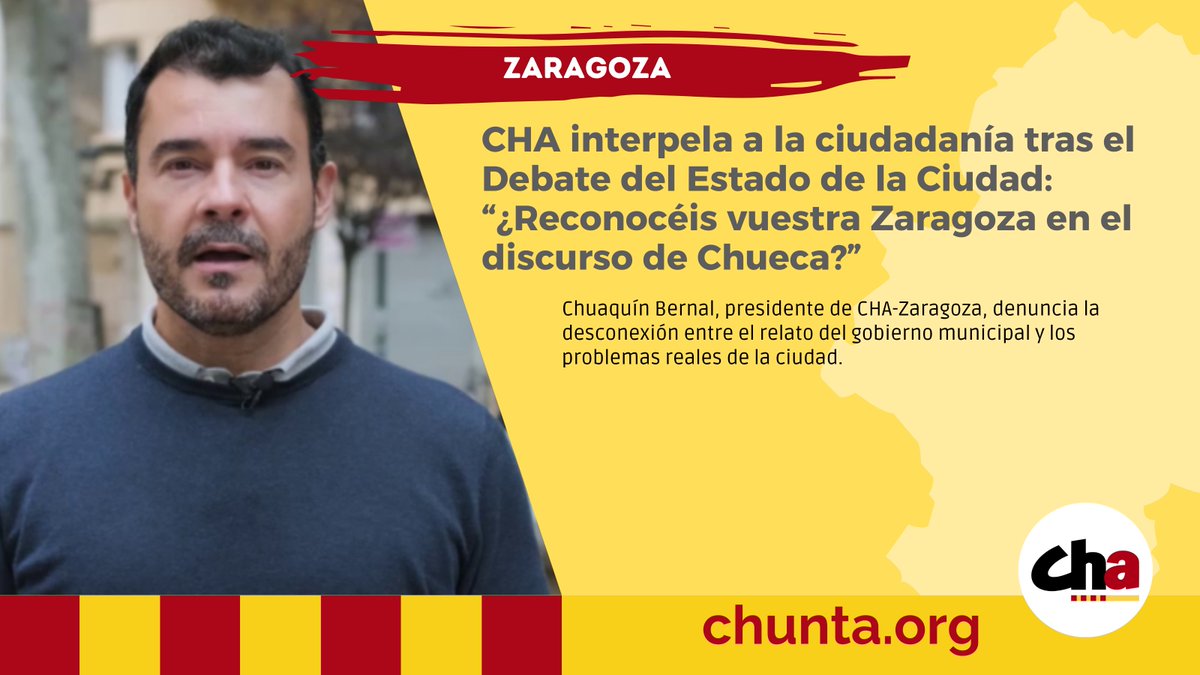 CHA Zaragoza (@aragonesista) on Twitter photo 📢 CHA interpela a la ciudadanía tras el Debate del Estado de la Ciudad: “¿Reconocéis vuestra Zaragoza en el discurso de Chueca?”
<a href="/chuaquinbernal/">Chuaquín Bernal ////</a> denuncia la desconexión entre el relato del gobierno municipal y los problemas reales de la ciudad
🔗 elblogdecha.org/cha-interpela-… 📢 CHA interpela a la ciudadanía tras el Debate del Estado de la Ciudad: “¿Reconocéis vuestra Zaragoza en el discurso de Chueca?”
<a href="/chuaquinbernal/">Chuaquín Bernal ////</a> denuncia la desconexión entre el relato del gobierno municipal y los problemas reales de la ciudad
🔗 elblogdecha.org/cha-interpela-…