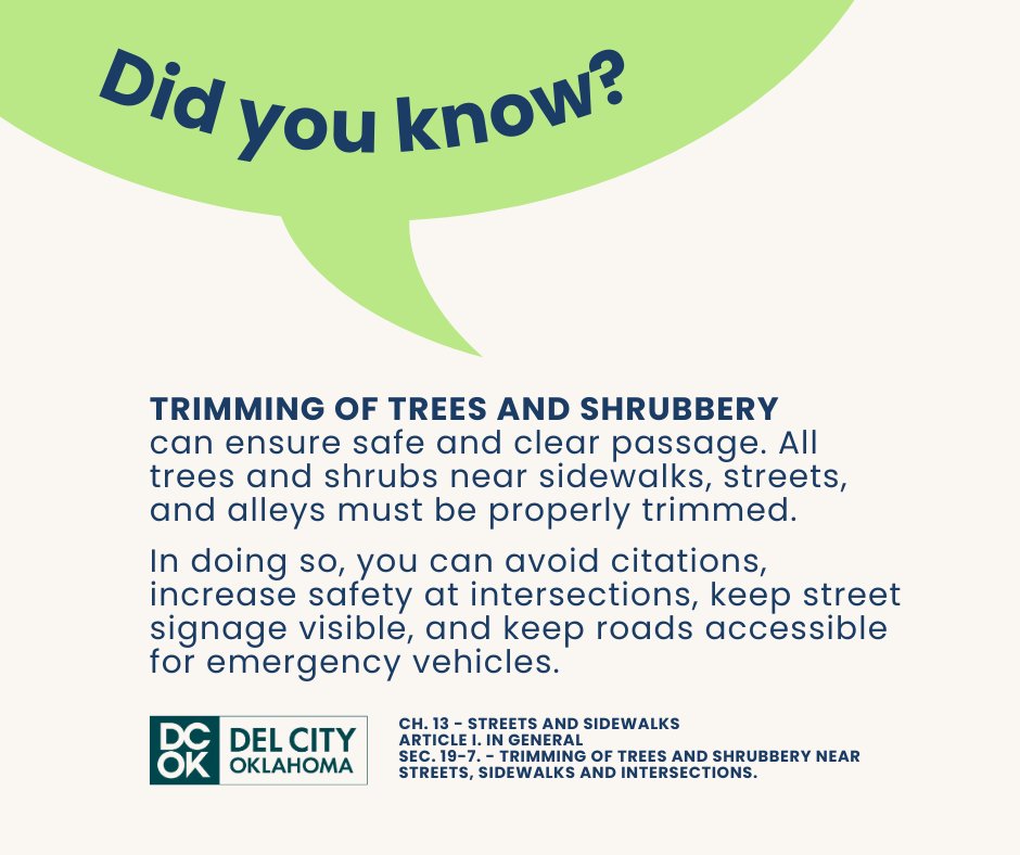 🌳✨ Cleaning up just got easier, Del City! Trimming those overgrown branches or clearing out shrubs is no sweat. 

📅 Know your week. 
🕕 Place it curbside by 6 AM Monday of your scheduled pickup week. 

Details at cityofdelcity.gov/bulk-trash.