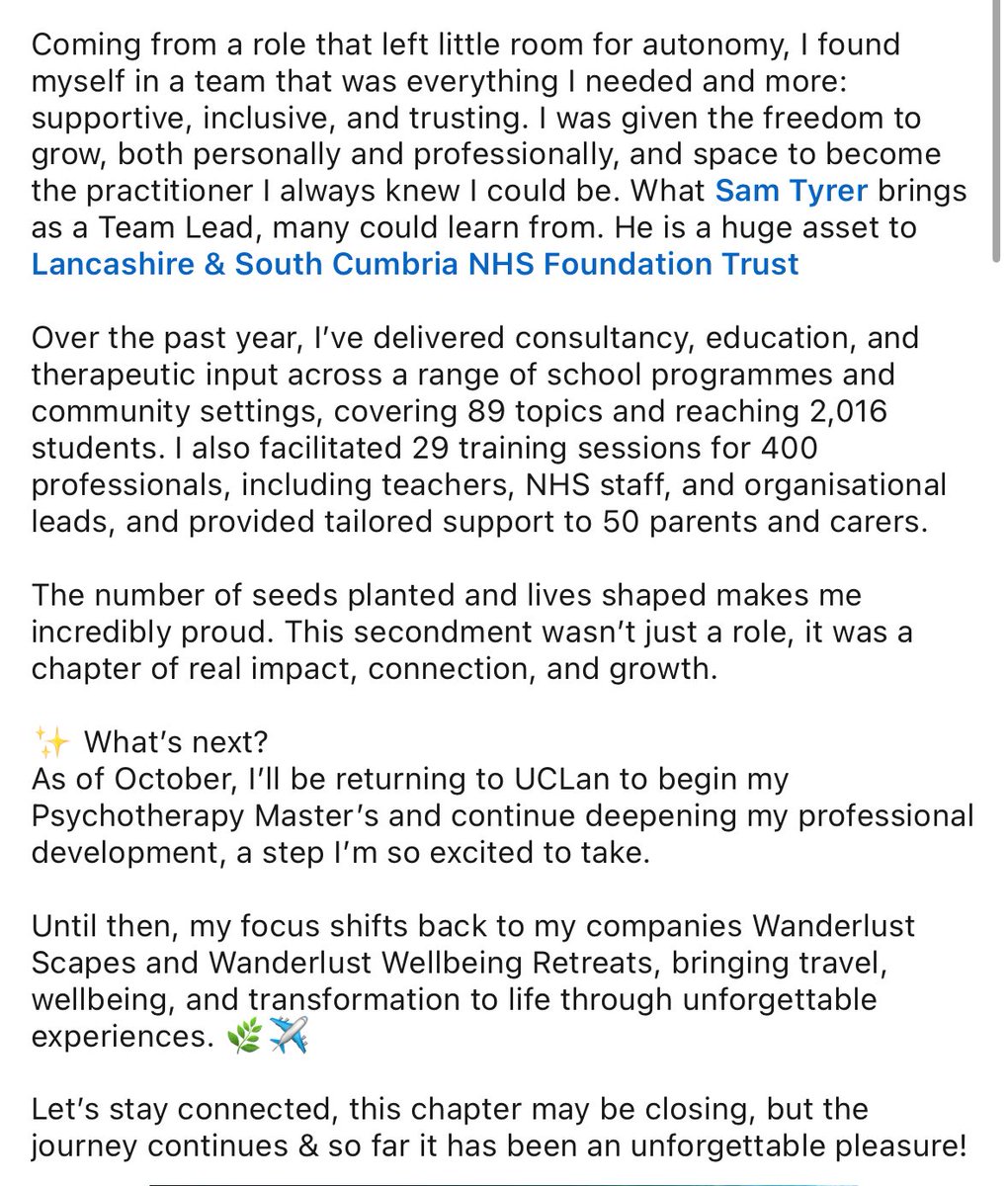 As I near the end of my time with the Change Talks team at Lancashire &amp; South Cumbria NHS Foundation Trust, I’ve been taking time to reflect on the journey, and what a transformative one it’s been.

See images for rest 🙌🏻
