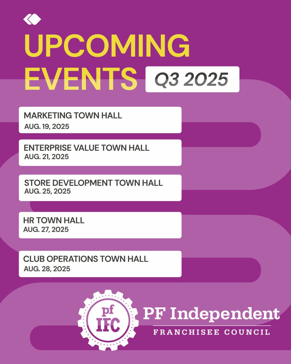 pffranchisee's tweet image. 2025 has been a busy year so far, and the PFIFC is not slowing down in Q3. Be sure to stay informed by joining us for our town hall meetings this quarter. You will be able to stay informed during these meetings, so be sure to attend these upcoming town hall meetings! #pfifc