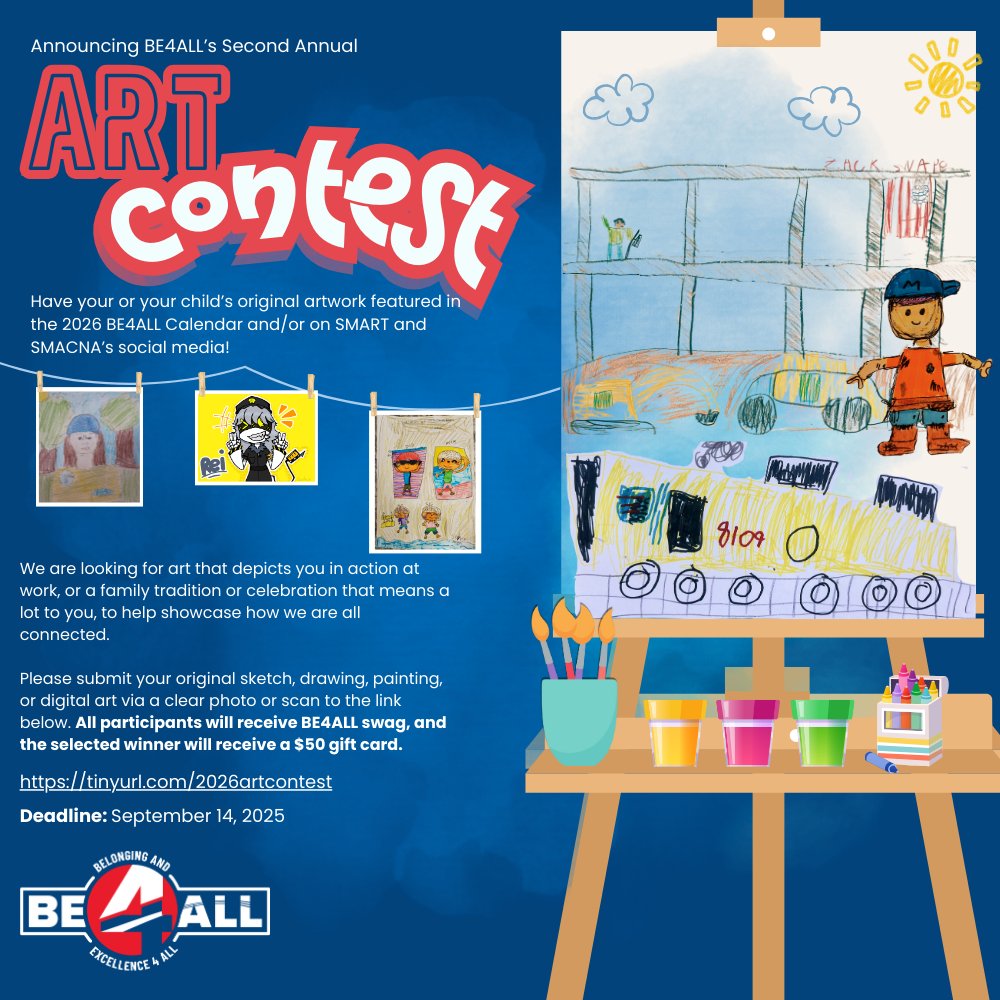 SMACNA's tweet image. SMACNA contractors and their children are invited to participate and be featured in next year’s Be4All calendar, and have a chance to win a prize! Only two months remain to enter! tinyurl.com/2026artcontest