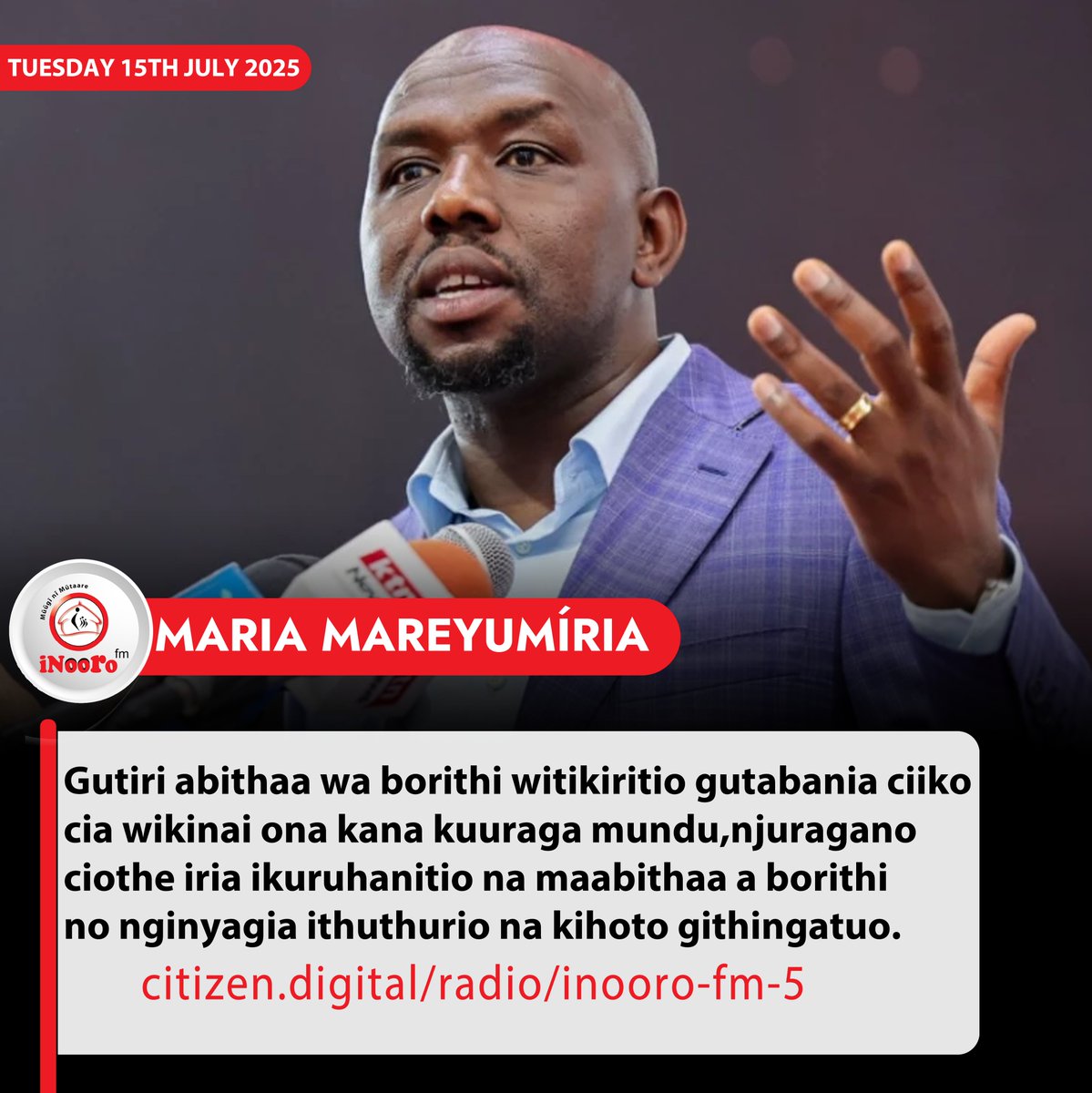 Gutiri abithaa wa borithi witikiritio gutabania ciikocia wikinai ona kana kuuraga mundu,njuragano ciothe iria ikuruhanitio na maabithaa a borithi no nginyagia ithuthurio na kihoto githingatuo.
#MariaMareyumiria