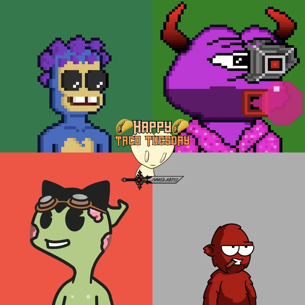 Happy Taco Tuesday Legends!!!

GM to <a href="/Pixelaped_nft/">Pixelaped</a> and <a href="/PixelatedPepes_/">Pixelated Pepe's 🐸</a> and <a href="/LongLostNFT/">Long Lost</a> and <a href="/YowieOnApe/">Yowies👣</a>

and also everyone Naked

and also everyone 🤙

DO YOU ACCEPT?