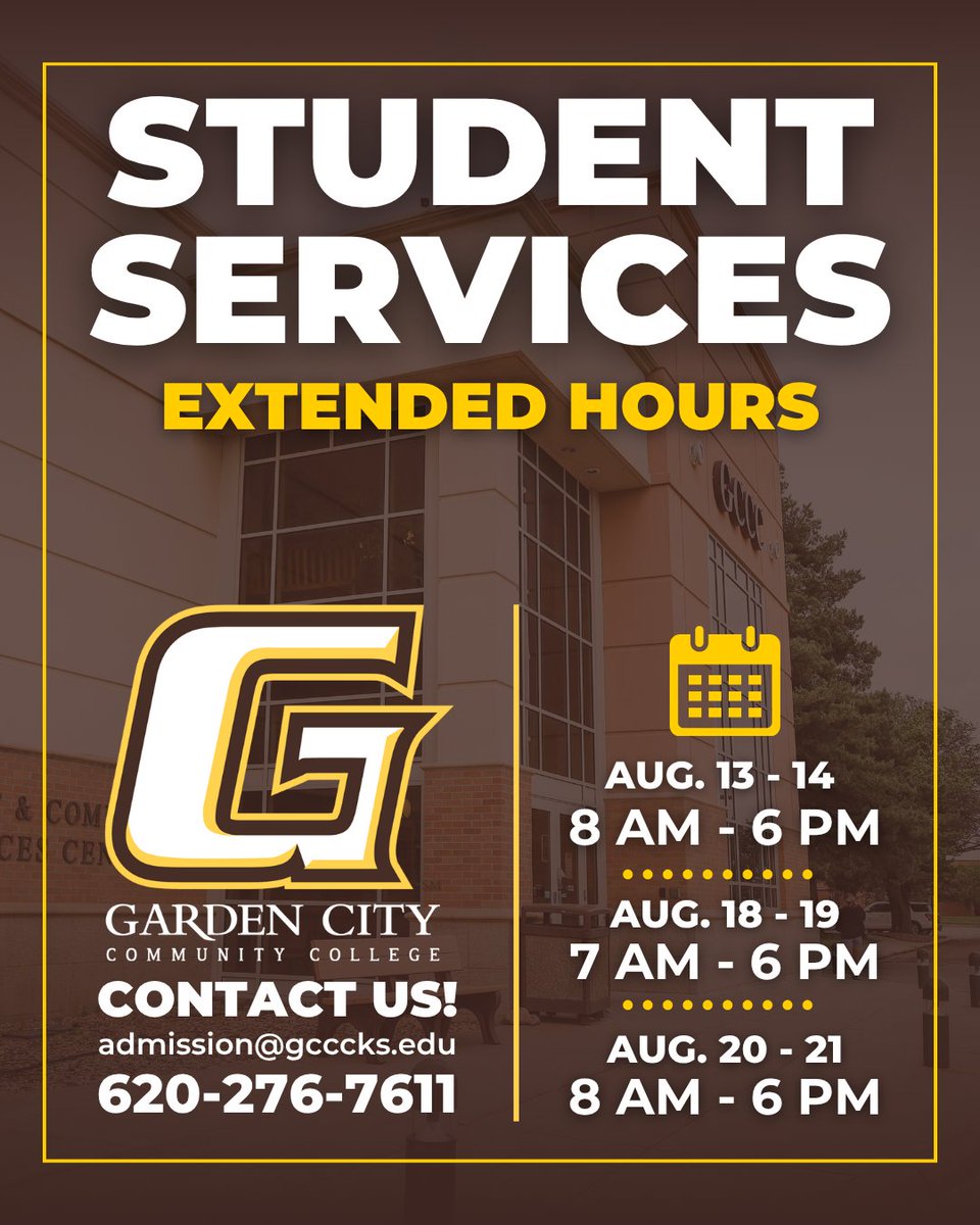 Still thinking about enrolling but haven’t had time? Visit GCCC Student Services during extended hours for help with admissions, advising, financial aid &amp; more!

 Aug 13-14, 8 AM–6 PM
Aug 18-19, 7 AM–6 PM
Aug 20-21, 8 AM–6 PM

Classes start Aug 18! 📚