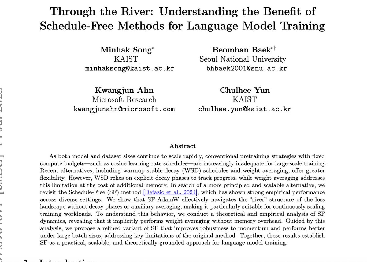 Schedule-Free methods, which forgo cosine/linear schedulers by averaging iterates and computing gradients at interpolated points, yield smoother training curves. It's still unclear why they work well, and this paper explains the phenomenon through the river-valley loss landscape.