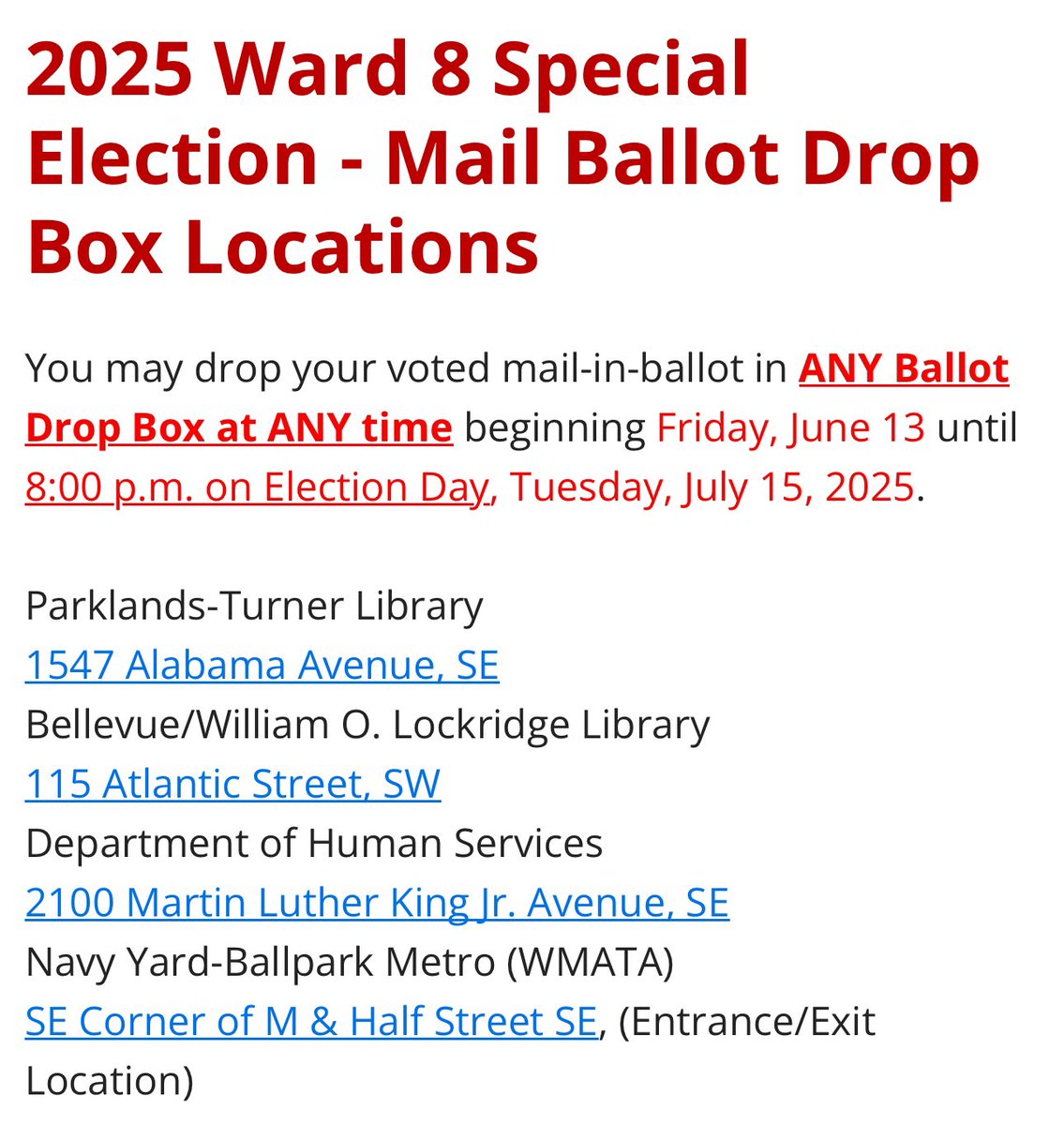 If you live in Ward 8, make sure to cast your vote today in the special Ward 8 Councilmember election! Polls close at the 12 Election Date Vote Centers at 8pm, and you can also drop off your mail-in ballot by 8pm at any Vote Center or official drop box (or mail it out today)!