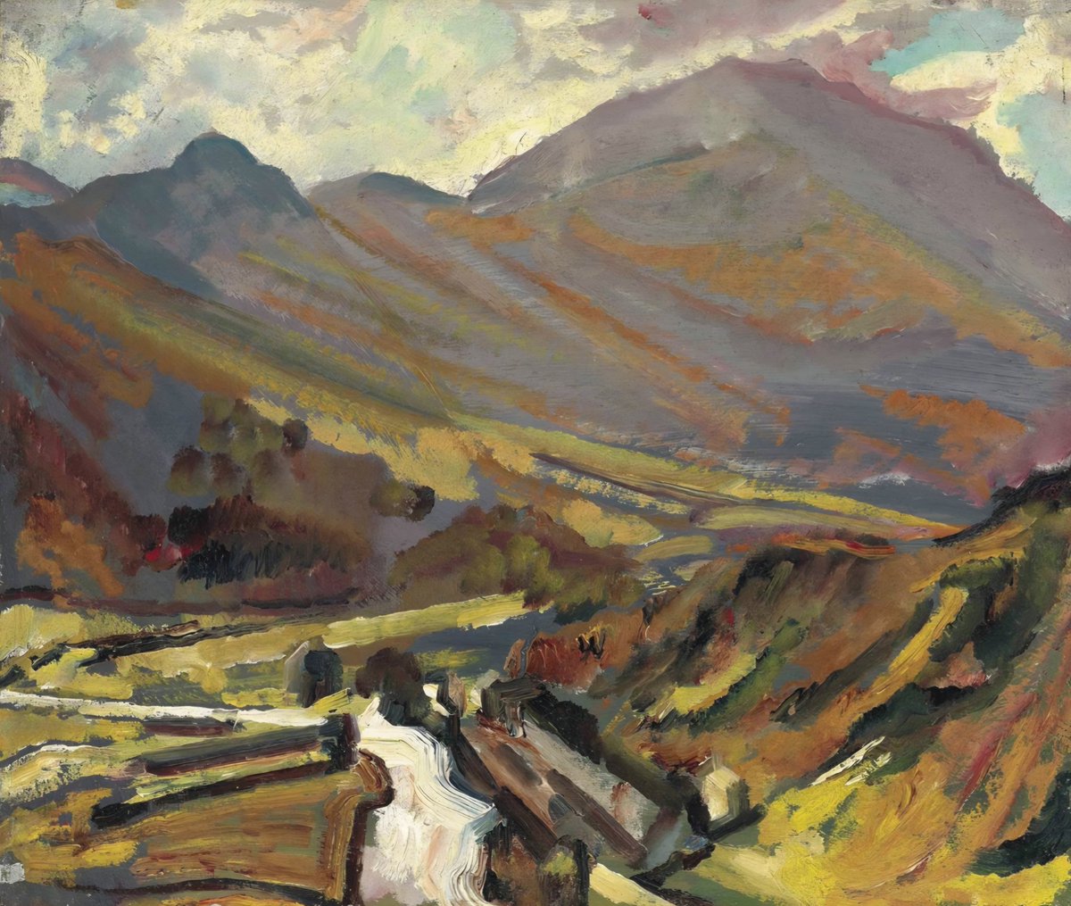 'Cairngorms, late Summer.' (c1941)
David Bomberg painted the Cairngorms in Scotland several times. When painting this work, he lived in a tent and was plagued by midges in relentless hordes - he wrote of seeing people flinging themselves into rivers to escape their torment.