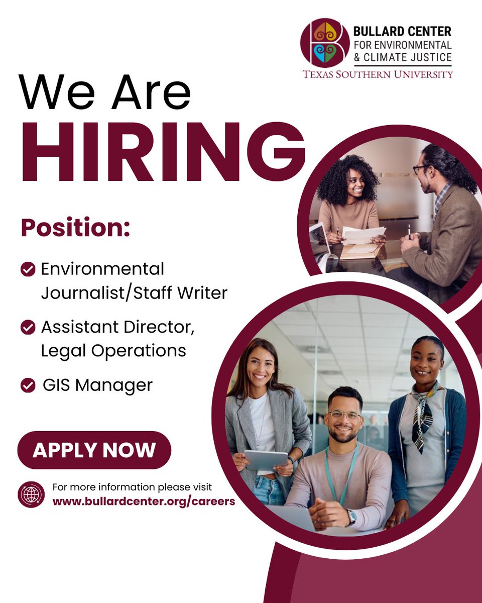 BullardCenter's tweet image. We are hiring at the Bullard Center!
📍 Environmental Journalist
📍 GIS/Research Director
📍 Staff Attorney
Help advance climate and environmental justice.
Apply here: bullardcenter.org/careers
#EnvironmentalJustice #NowHiring #ClimateJustice #BullardCenter