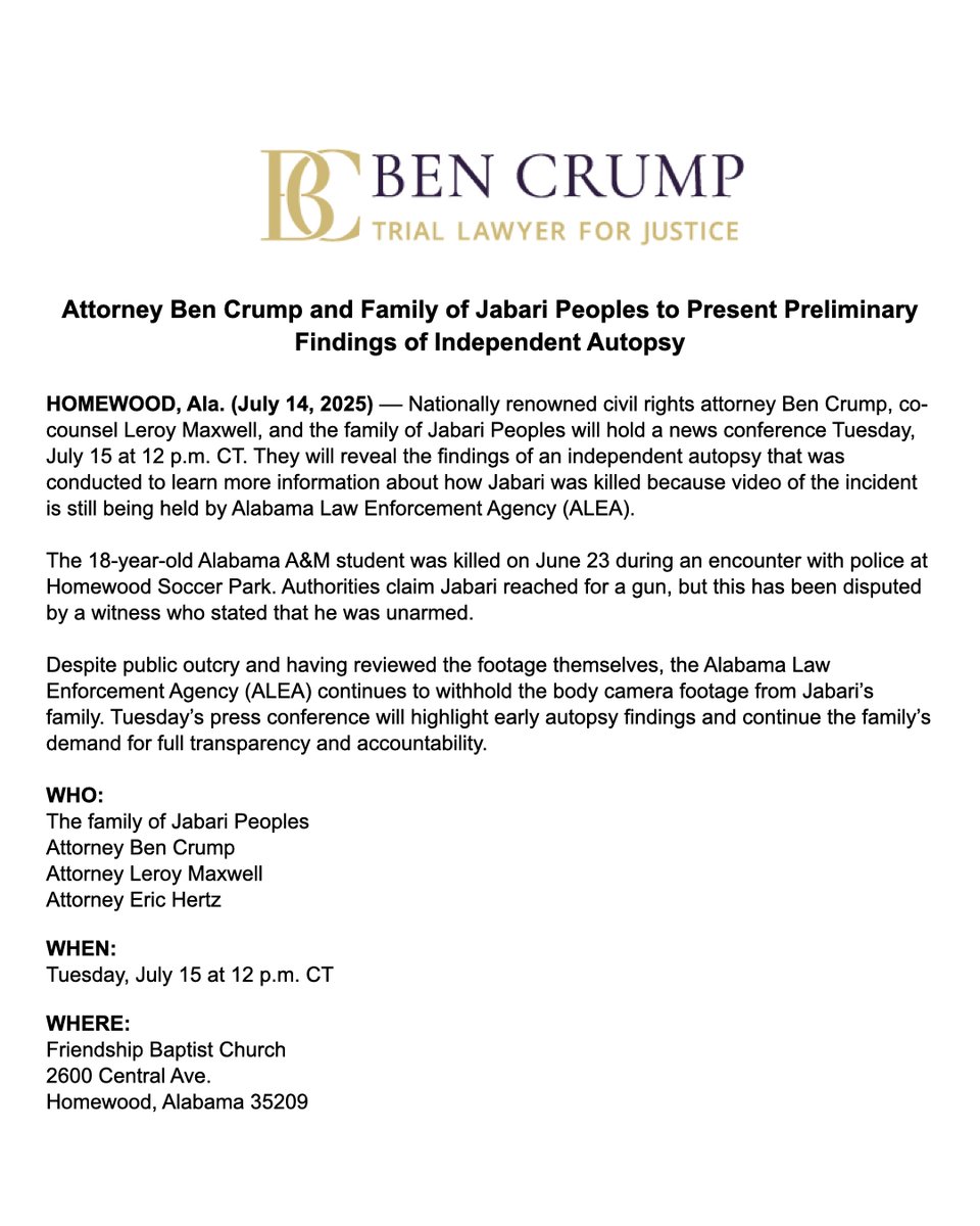BenCrumpLaw's tweet image. MEDIA ALERT: Today at 12 p.m. CT, @AttorneyCrump, co-counsel, and the family of Jabari Peoples will hold a news conference. They will reveal the findings of an independent autopsy that was conducted