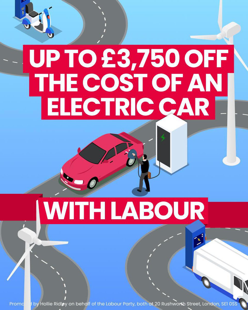 AlBrownhillsCLP's tweet photo. Labour are making owning an electric car a reality for thousands.

Zero emission cars will now be cheaper to buy and run than ever before.

#ElectricVehiclesUK #NetZeroUK https://t.co/7NcmggKKdf