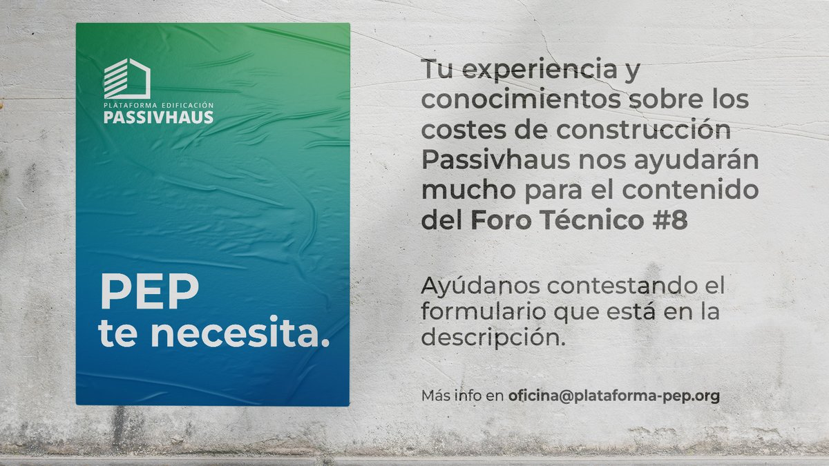 Sabemos que los costes de construcción #Passivhaus es algo que te preocupa y por eso será el tema principal del próximo #FTPEP8. Tu experiencia y conocimientos nos ayudarán mucho a preparar el contenido. ¿Nos echas una mano? 👋🏻

📝Rellena el formulario:  docs.google.com/forms/d/e/1FAI…
